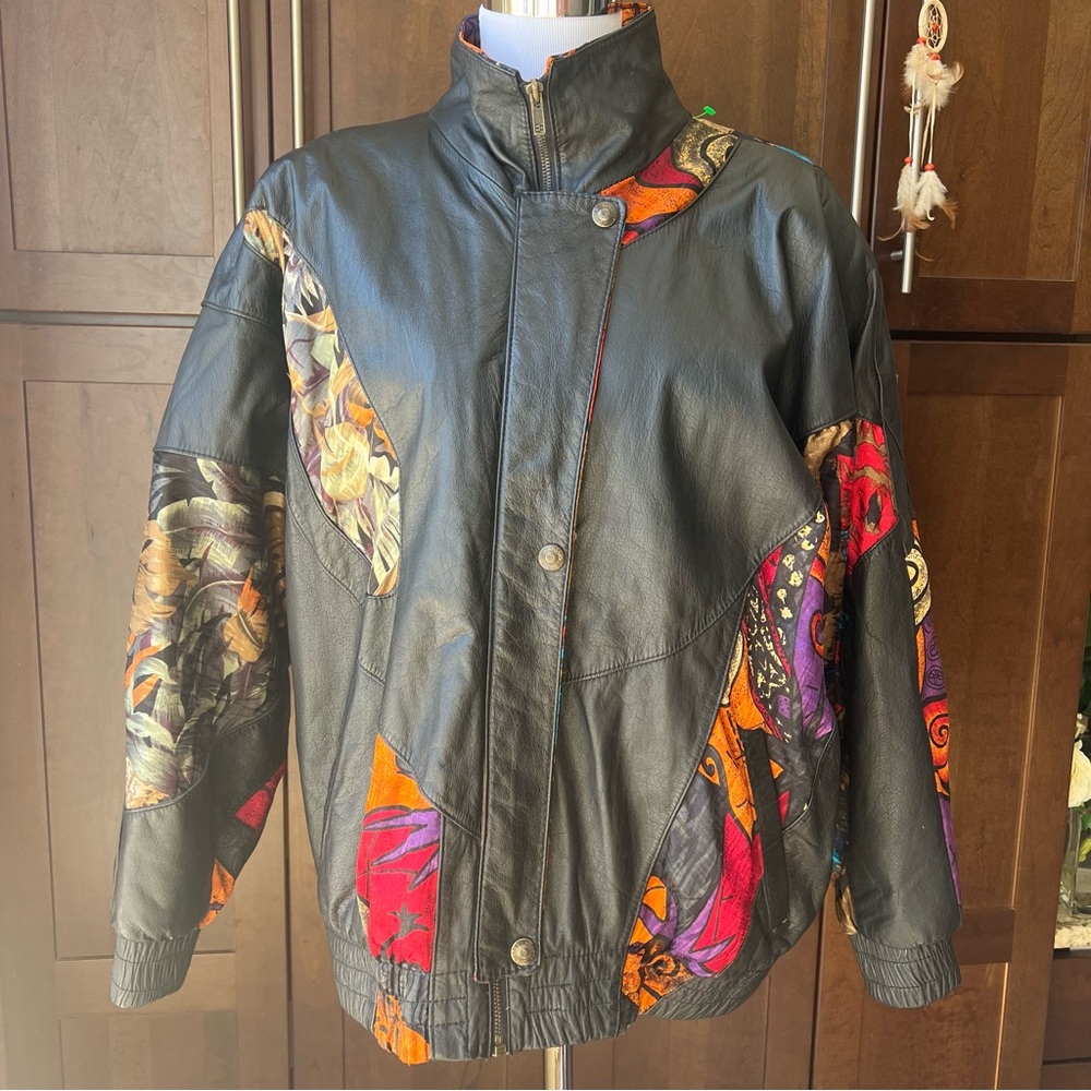 NWOT - PELLE Vintg 90’s Black Leather/Fabric Patchwork Dolman Sleeve Jacket L